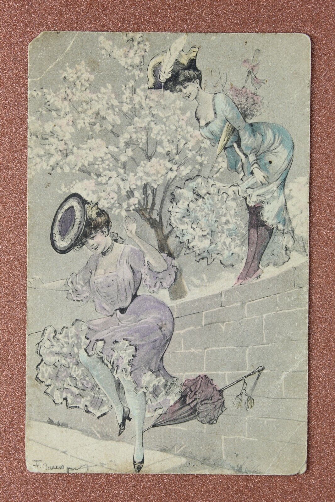 Glamor fashion woman Piquant jump from fence. Antique Verlag SECT postcard 1916s