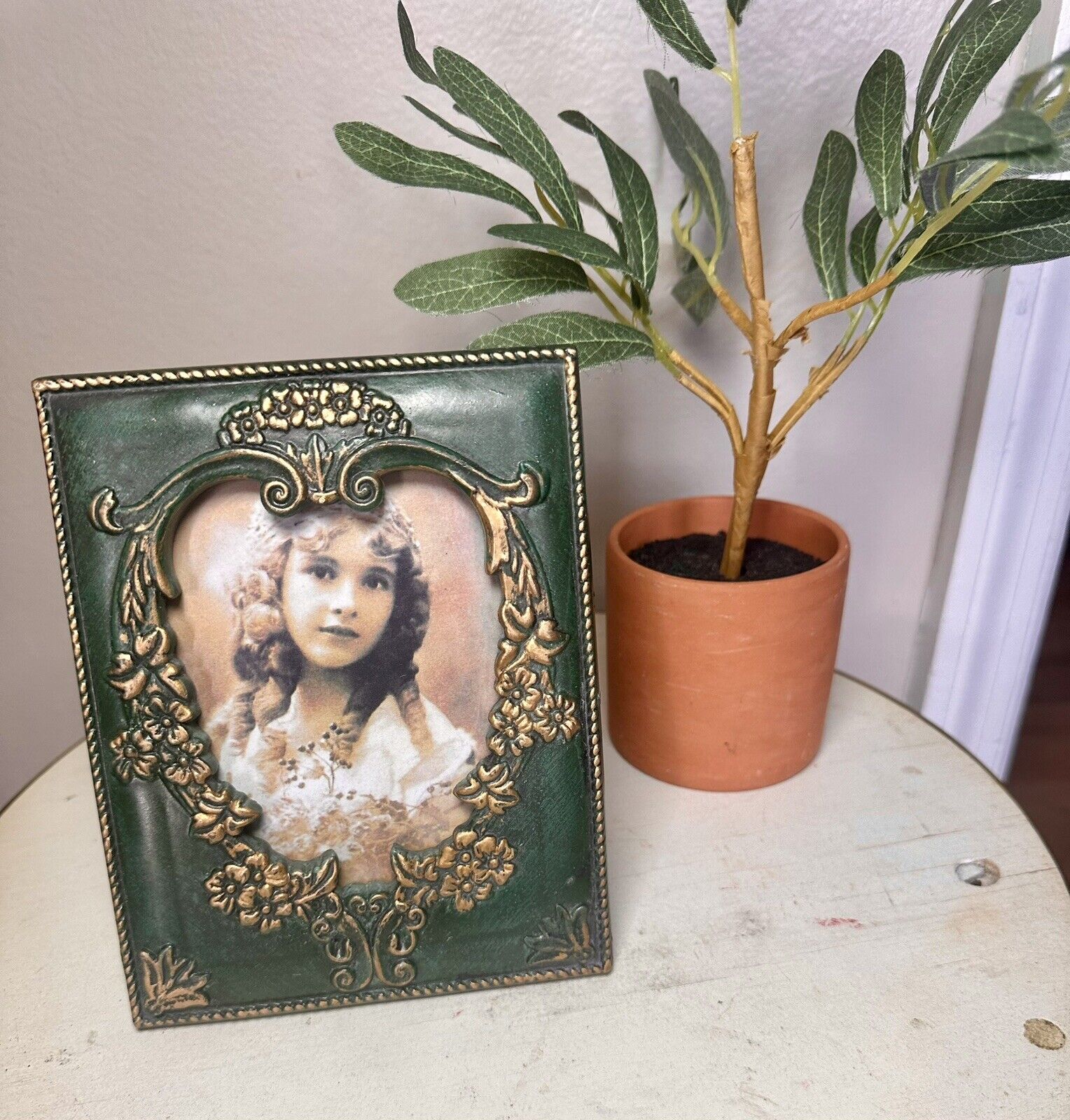 5x7 picture frame vintage Sepia Angel Photo Green Gold Accent Floral Decor