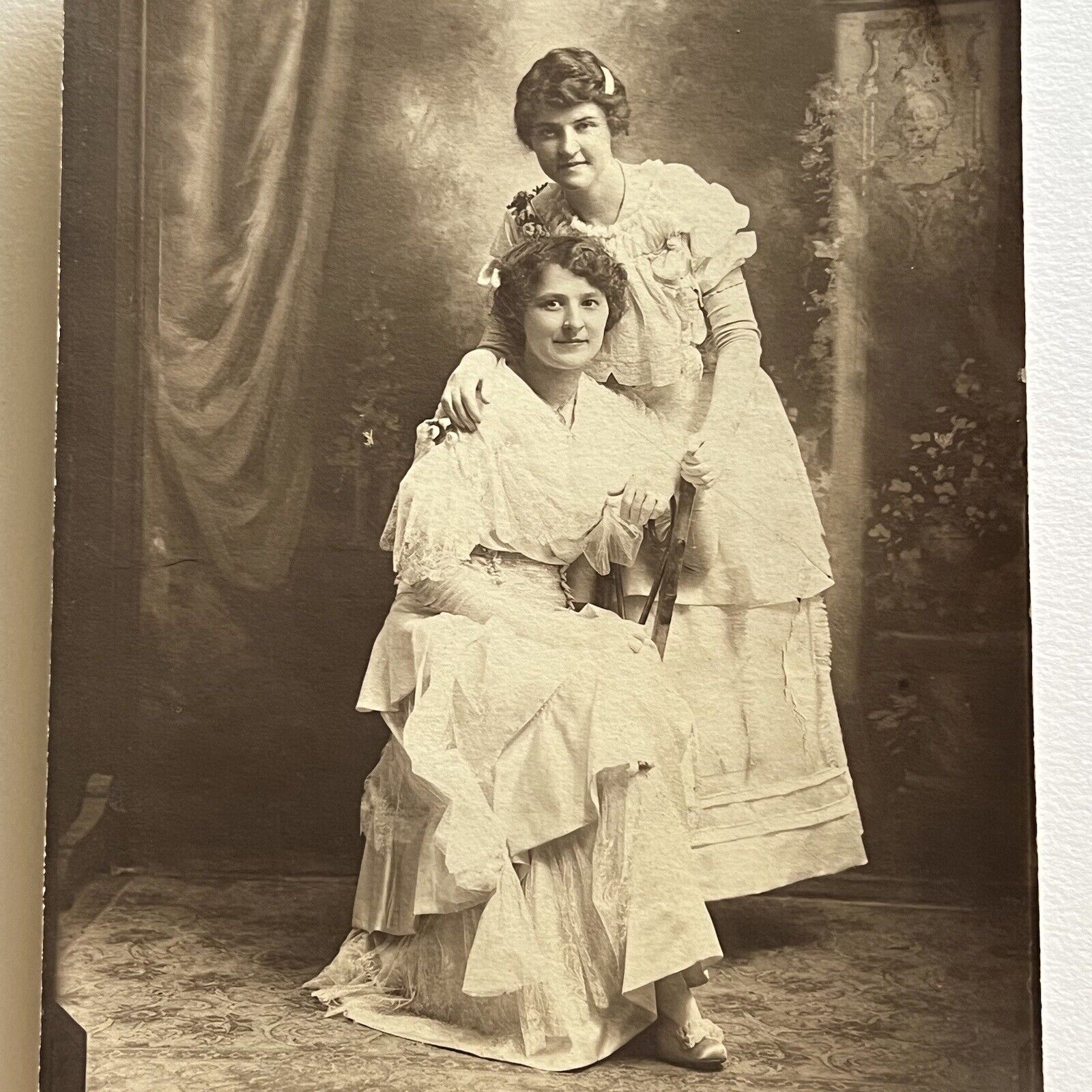 Vintage Sepia Studio Photograph Beautiful Young Women Sisters Affectionate