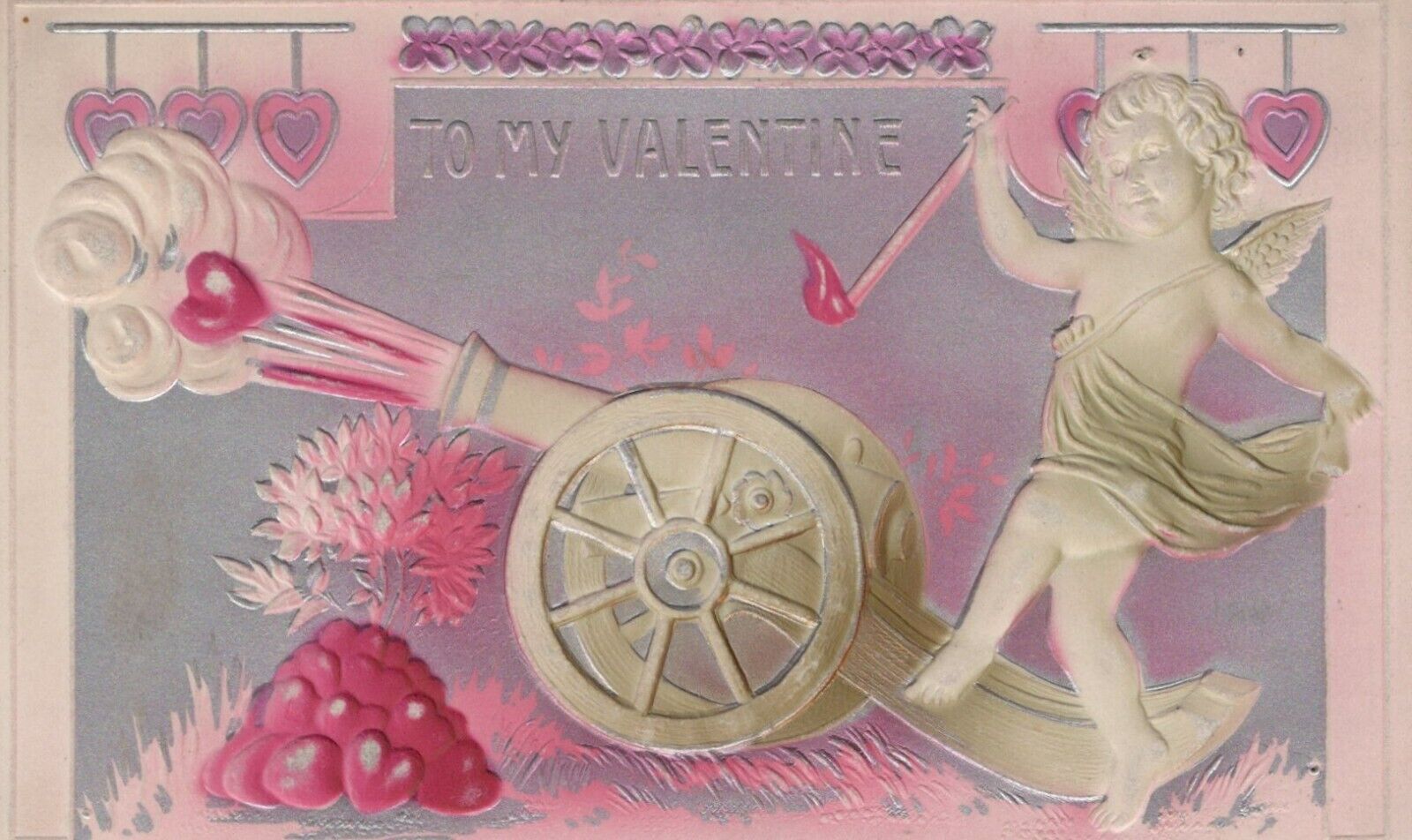 Valentine\'s Day Cupid Shooting Hearts From Cannon Airbrush Emboss postcard H331