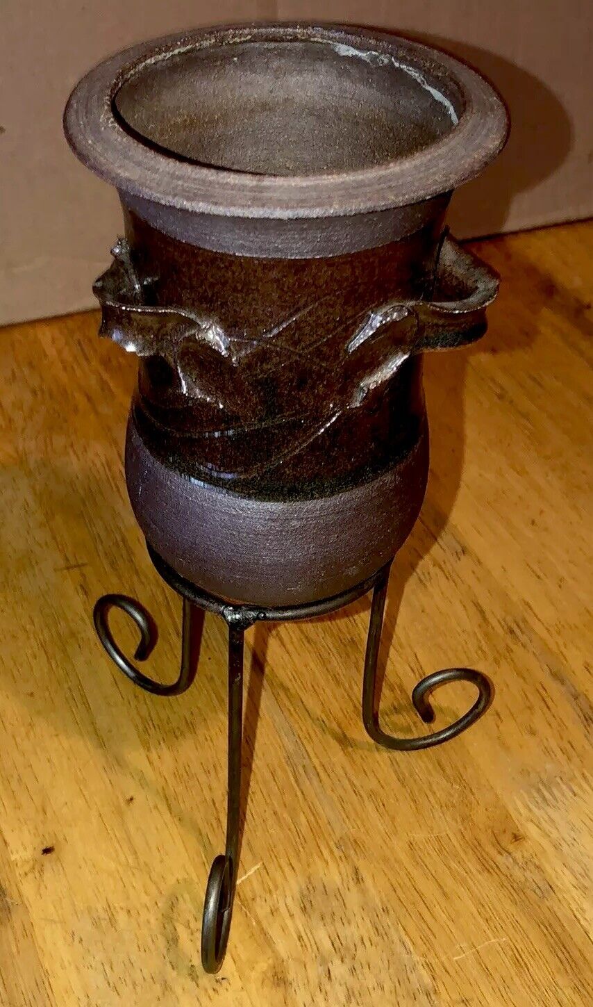 Signed Vintage Artisan Pottery Vessel Vase With Metal Stand 1975 ￼
