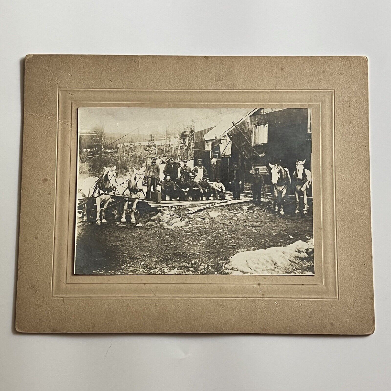 Antique Cabinet Card Photograph Barn Working Men Horses Farm Everyday Life