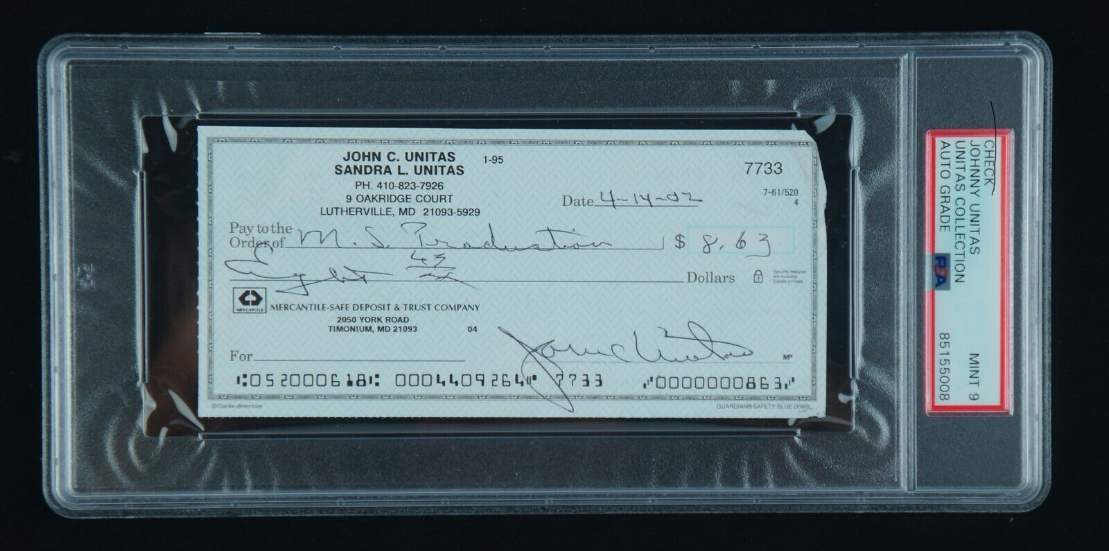 Johnny Unitas Signed 4/14/02 Check Colts HOF QB PSA/DNA MINT 9 Autograph
