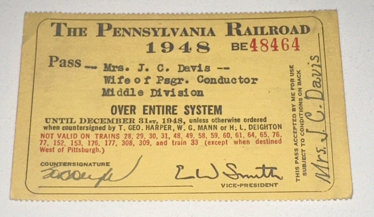 1948 Pennsylvania Railroad Ticket Stub Yearly Season Pass Badge Conductors Wife