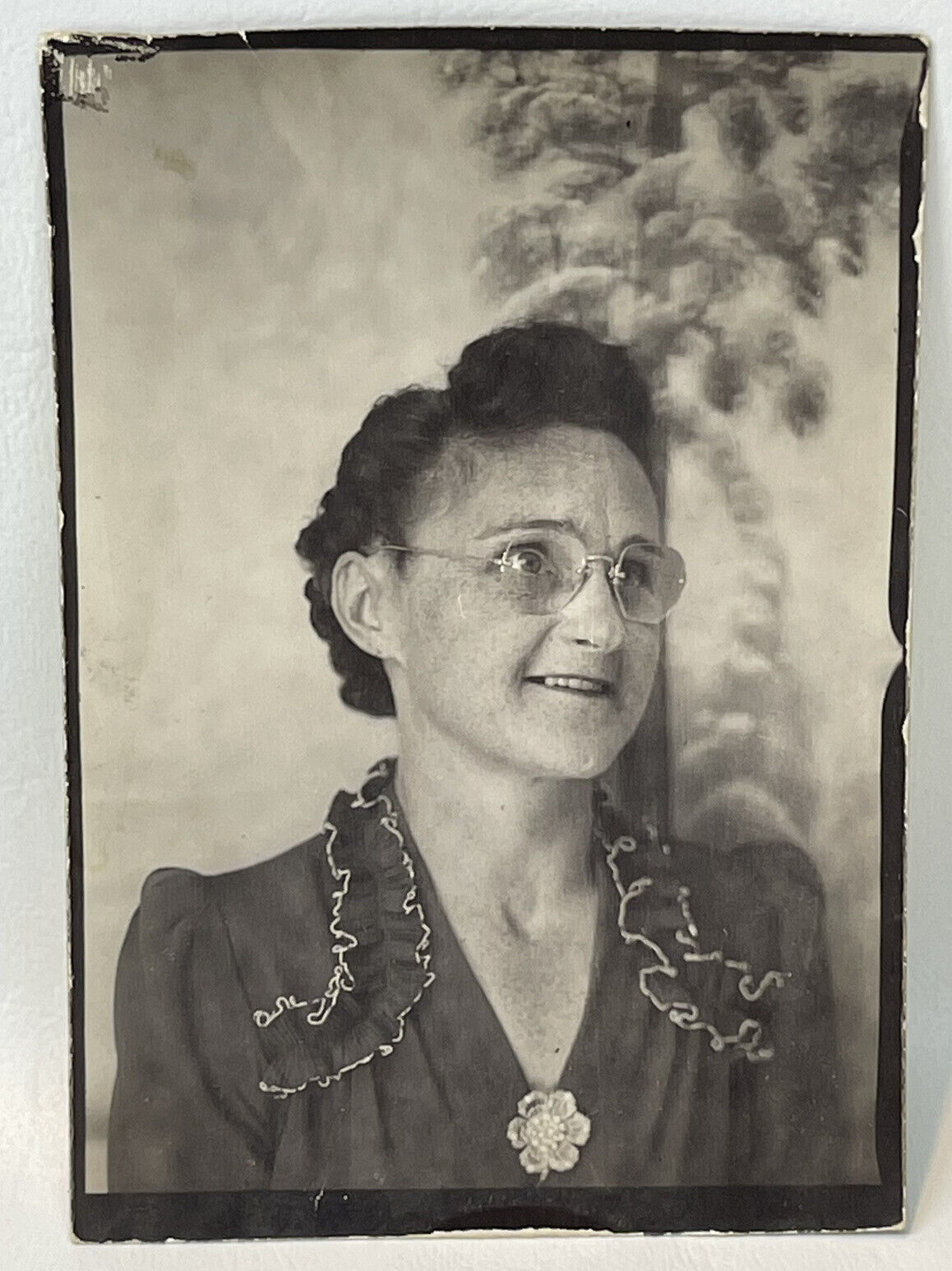 Vintage 1940s Studio Pose Photo Grinning Granny Glasses Flower Brooch
