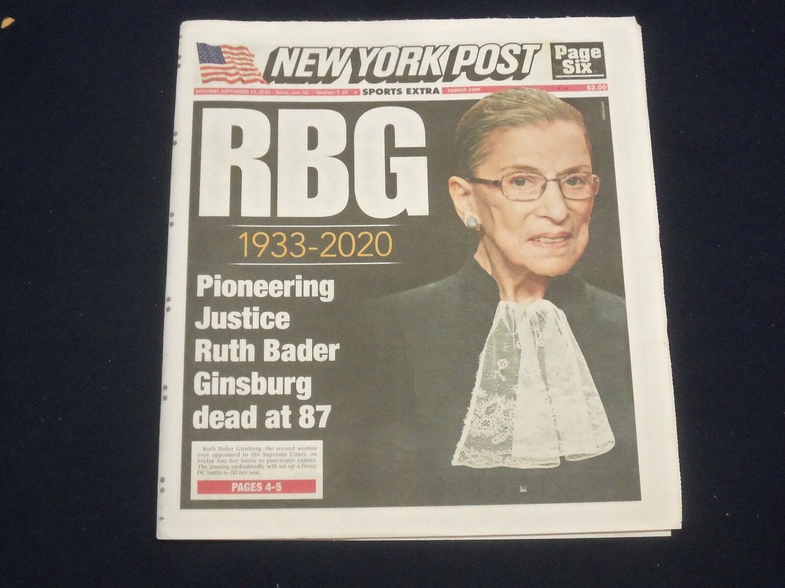 2020 SEPTEMBER 19 NEW YORK POST NEWSPAPER - RUTH BADER GINSBURG DIED 1933-2020