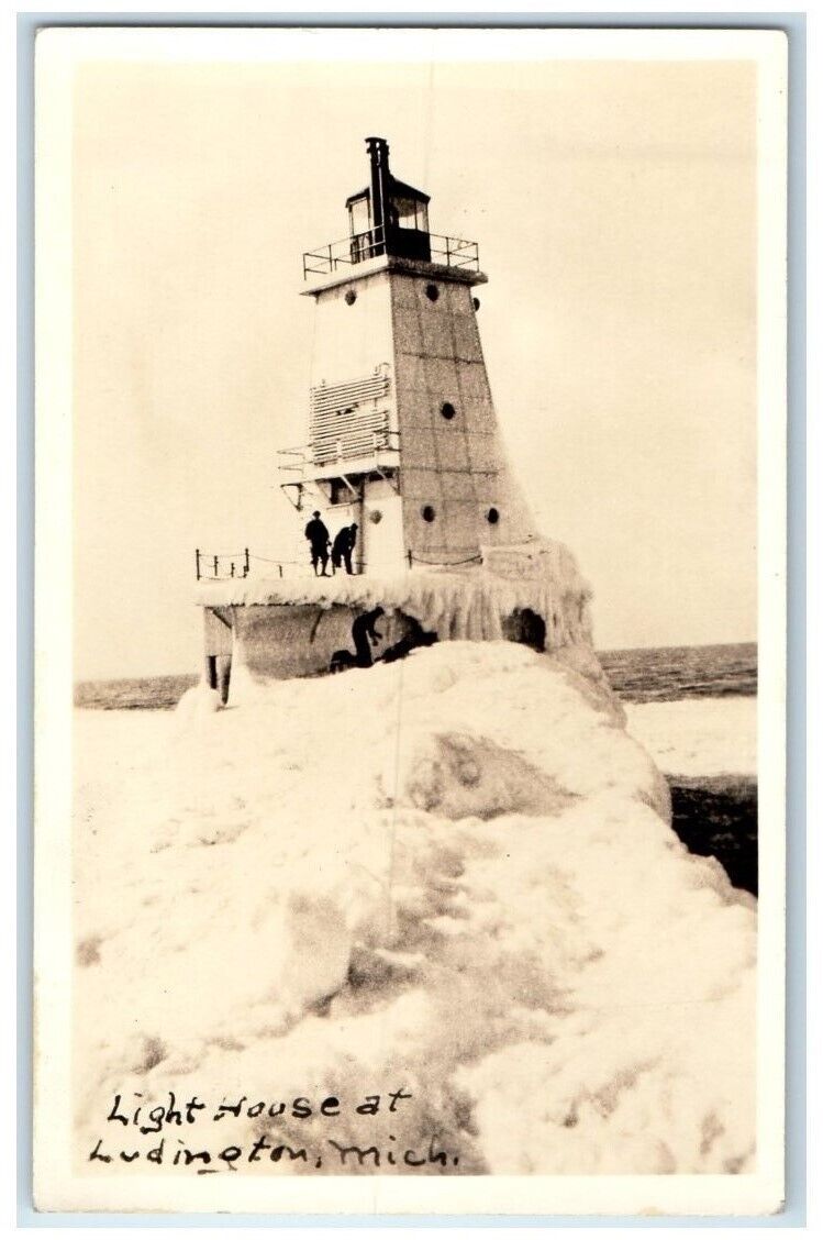 c1940's Ice Winter Lighthouse Men View Ludington Michigan MI RPPC Photo Postcard