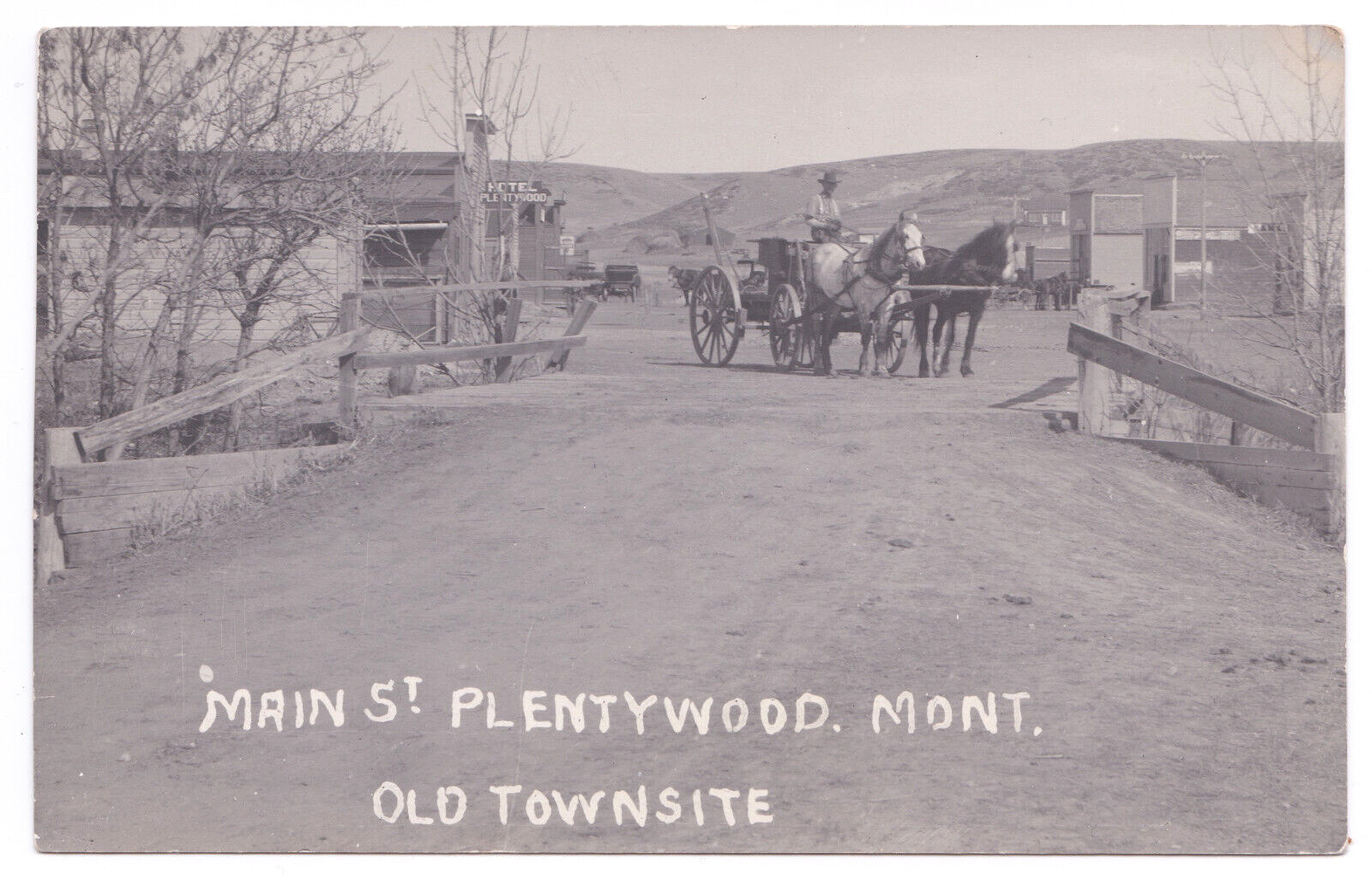Plentywood MT Montana Main Street View Hotel Old Townsite Horses Carriage RPPC