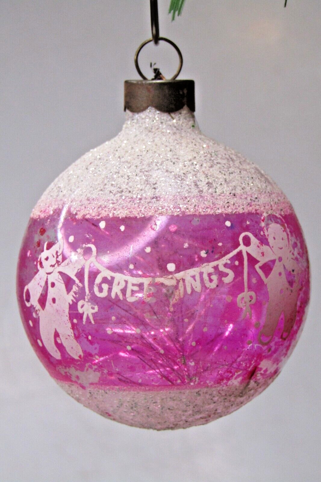 Vintage Unsilvered Glass Pictured GREETINGS Tinsel In BALL Christmas Ornament