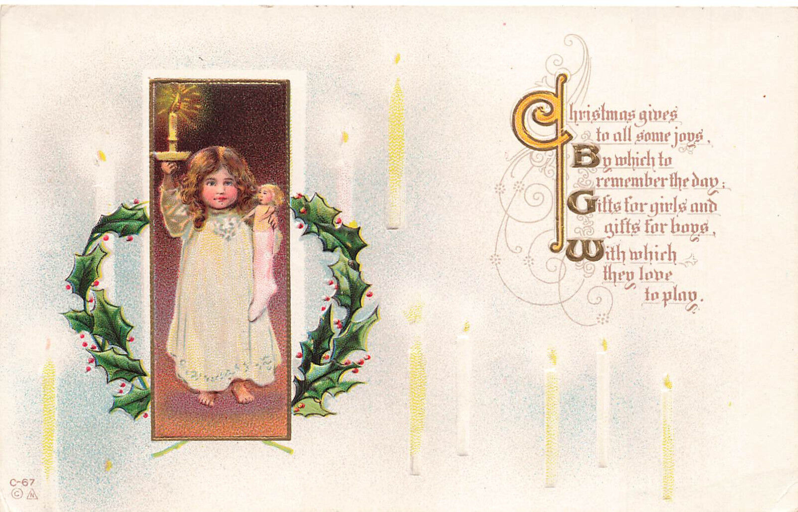 VINTAGE CHRISTMAS POSTCARD LITTLE GIRL IN NIGHTDRESS W/ DOLL IN STOCKING 113022 