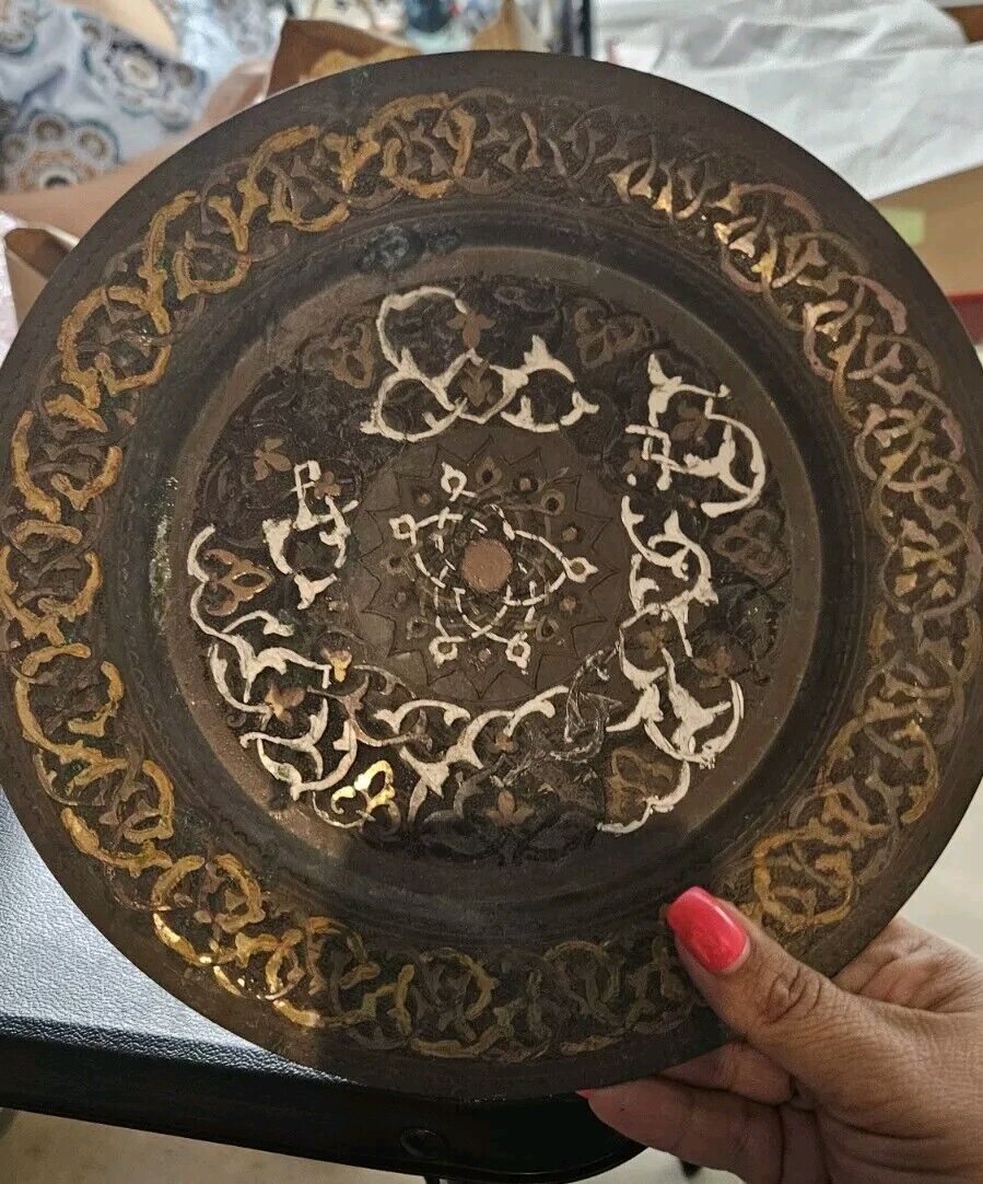 Vtg Late 19th Century Indian Brass Handpainted Enamel Plate