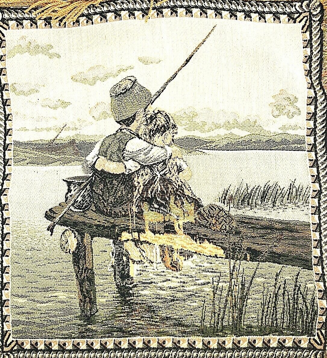 Vtg OLD Tapestry Pillow Cover Fishing Father Daughter On Pier READ