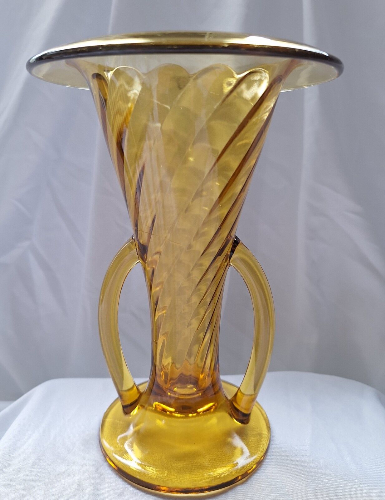 Imperial Twisted Optic Art Deco Amber Glass Vase Double Handle