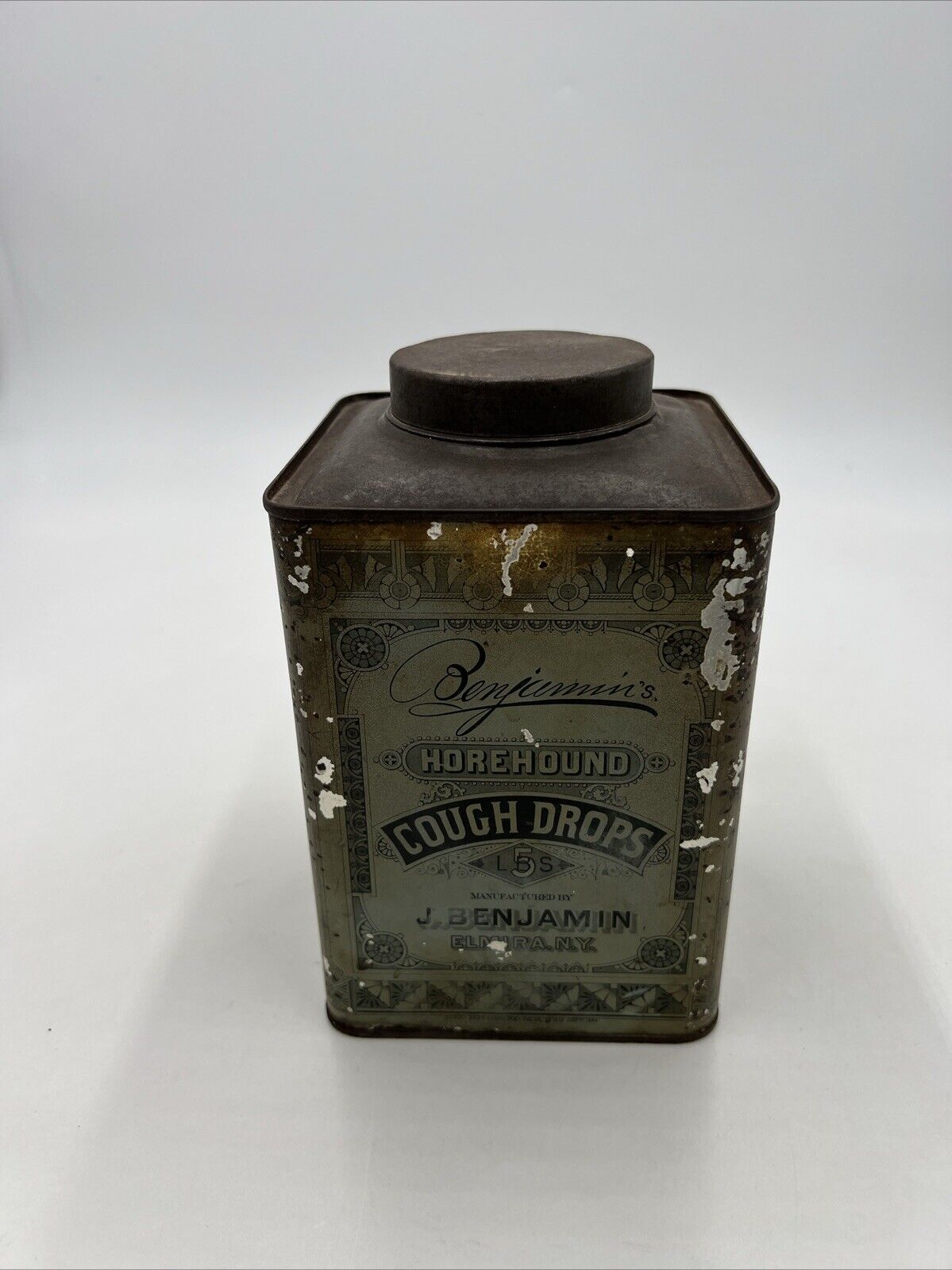 Antique J. Benjamin Horehound Cough Drop Tin 1884 Elmira NY 8