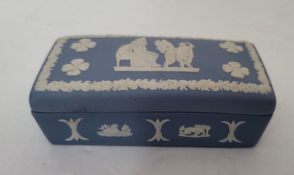 Vintage Wedgewood White on Blue Rectangle Trinket Box, Jasperware
