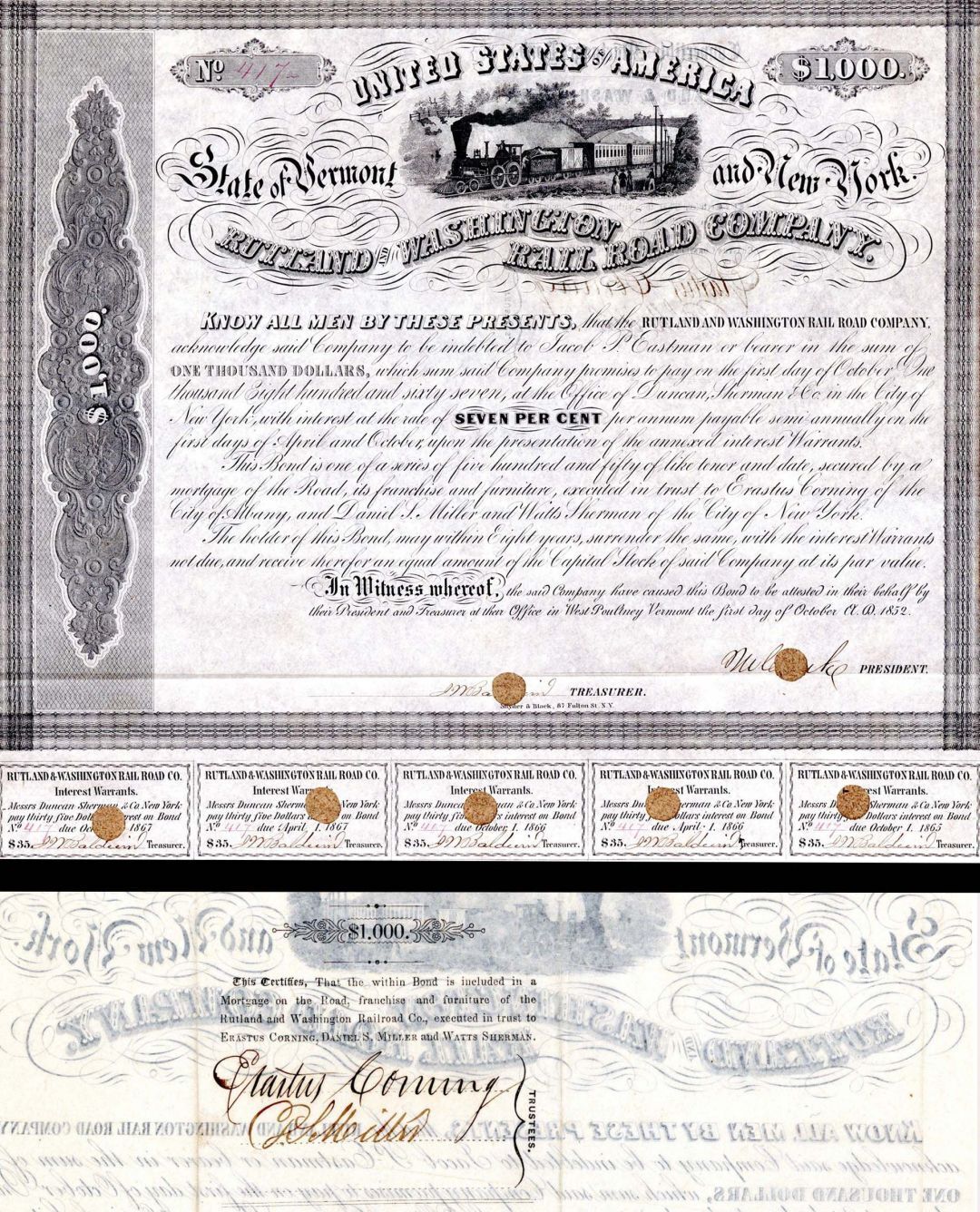 Rutland and Washington Railroad Co $1,000 Bond signed by Erastus Corning - Autog