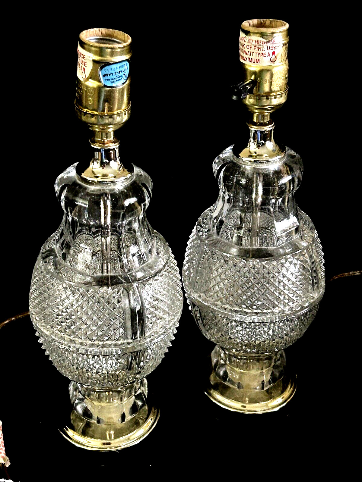 Vintage Pair Of Glass Crystal Table Lamps Underwriters 13.5” Tall