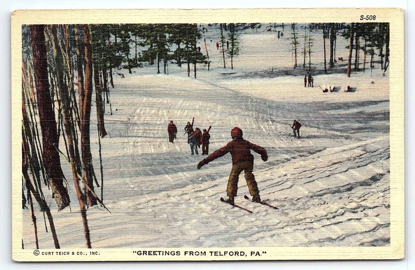 1940 TELFORD PENNSYLVANIA GREETINGS FROM SNOW SKIING LINEN POSTCARD P4589