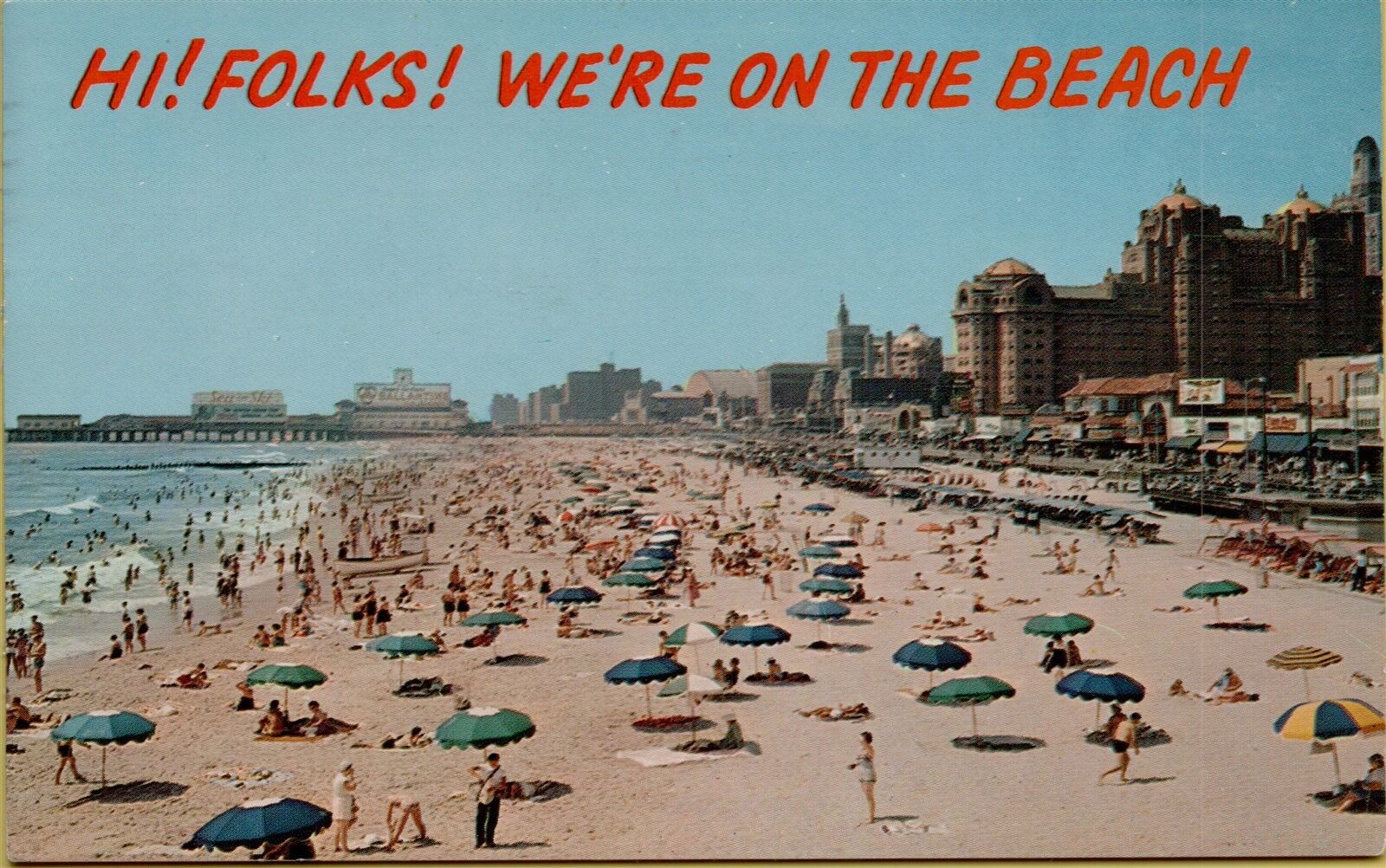 1962 Shoreline Sunbathers Hi Folks We\'re on Beach Atlantic City NJ Postcard D29