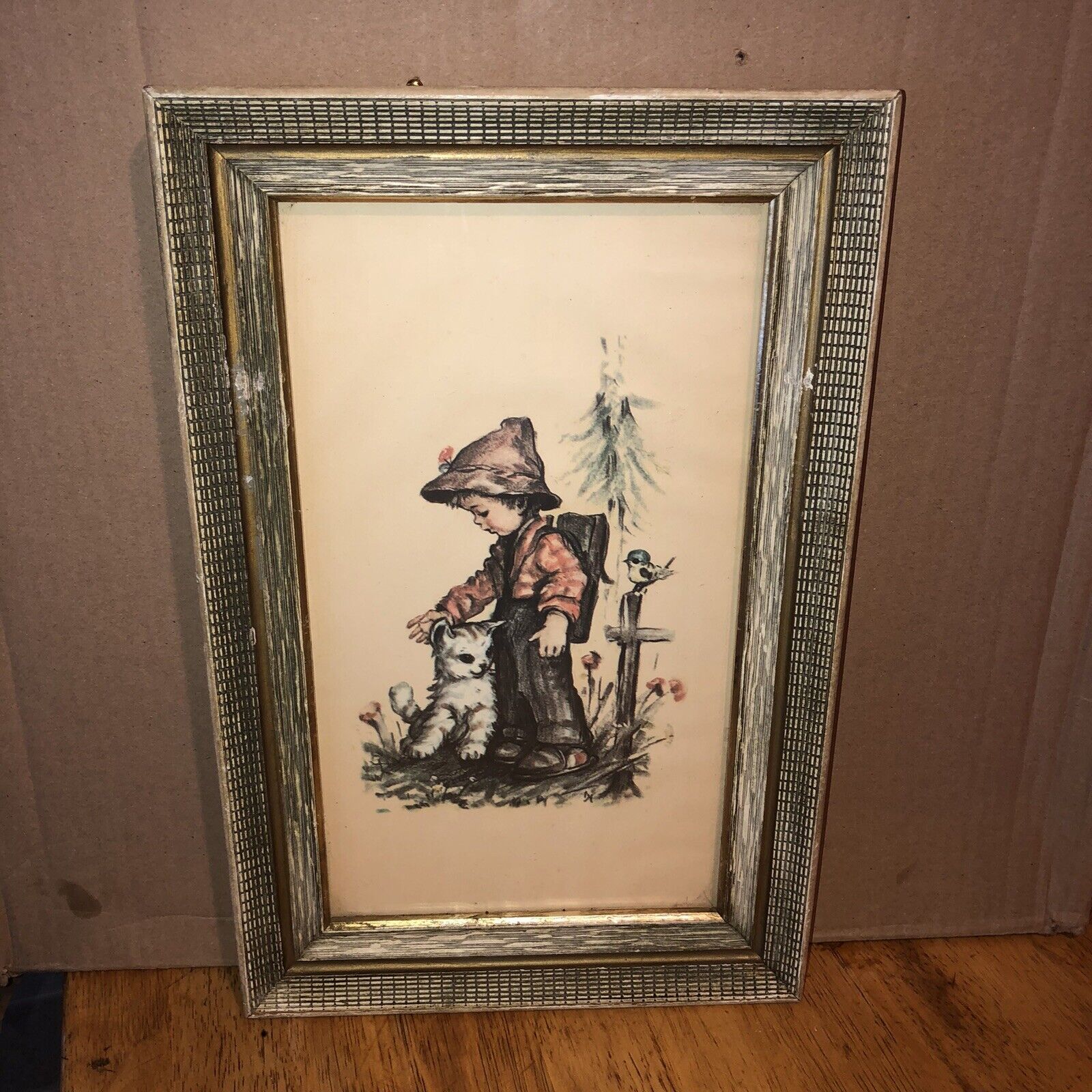 Framed Vintage Mcm Hummel ￼ Style Boy With Dog Picture Wall Hanging ￼ 11”x 17