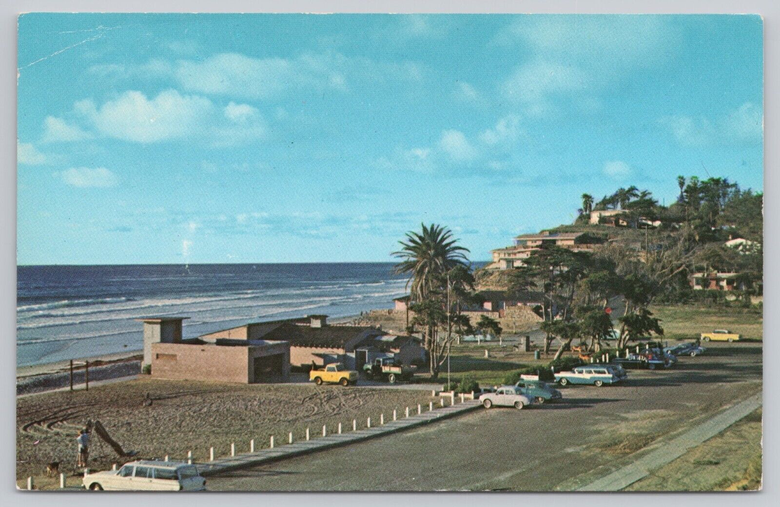 Encinitas California, Moonlight Beach, Old Cars, Vintage Postcard