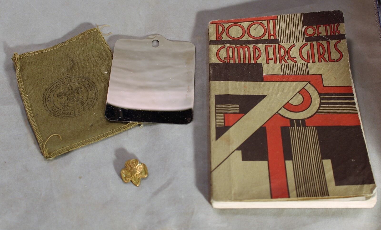Vintage Scouting Items: G.S. Pin c.1945, B.S. Mirror, Camp Fire Girls Book-1944
