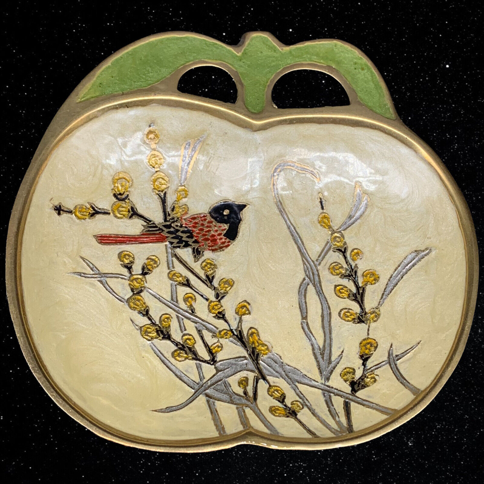 Vintage Brass Enameled Hand Painted Bird On Tree Trinket Dish Bowl 5”L 5”W