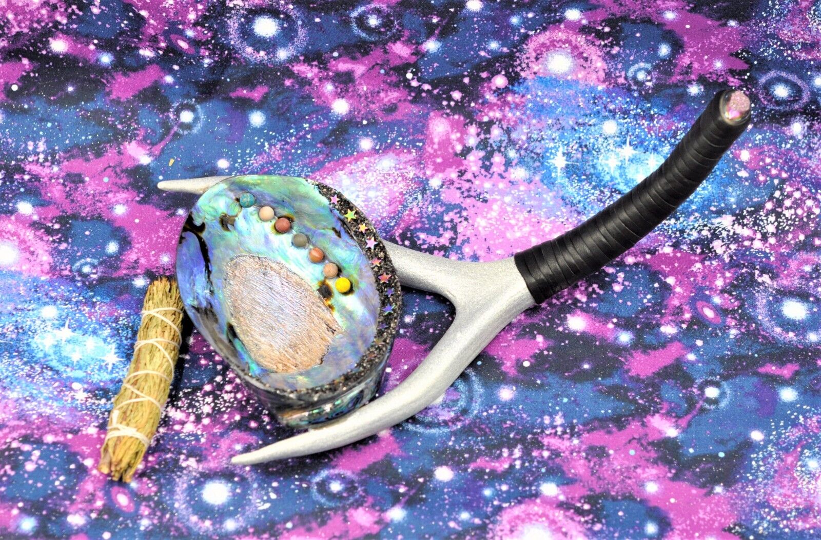 The Universe Abalone Shell Smudge Bowl with Deer Antler Handle, Sage Burning Art