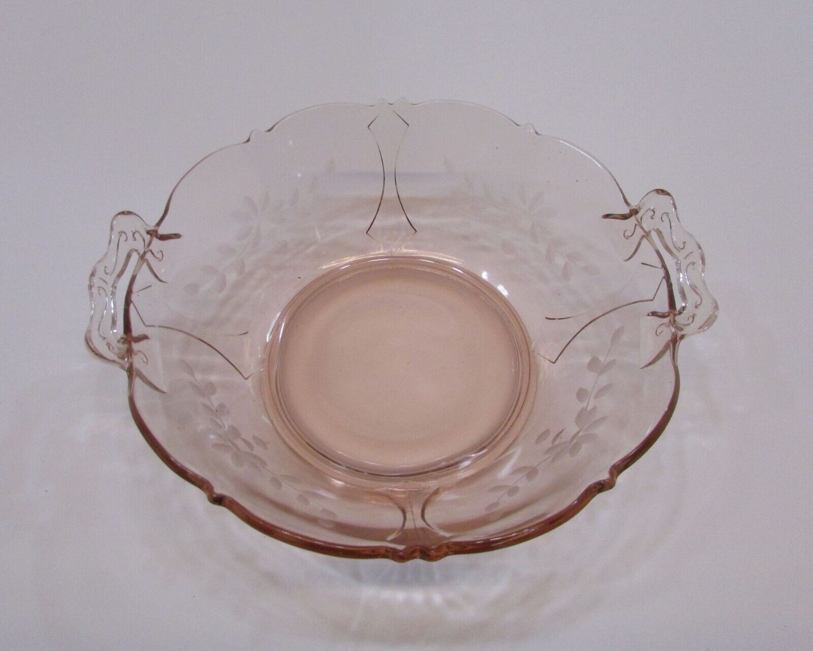 Vintage 3x8 Etched Leaf Two Handle Pink Depression Glass Serving Bowl FREE S/H