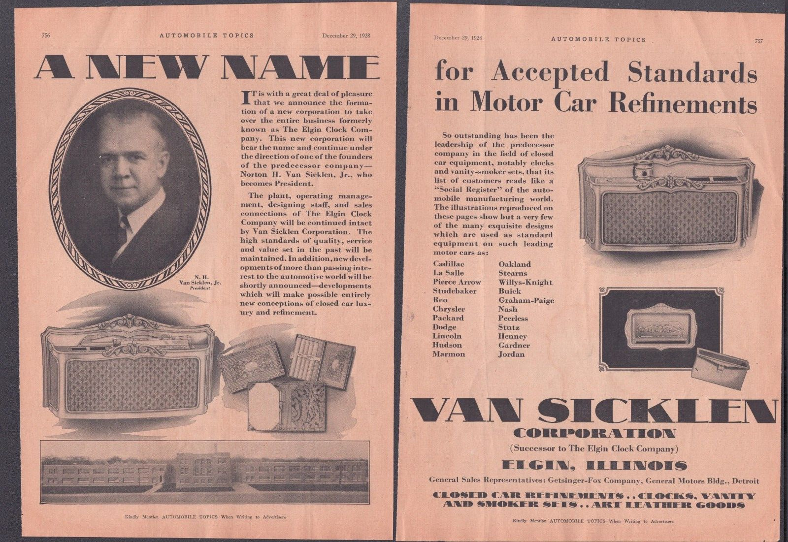 1928 Van Sicklen Corp (successor to Elgin Clock) Print Ad Motor Car Refinements