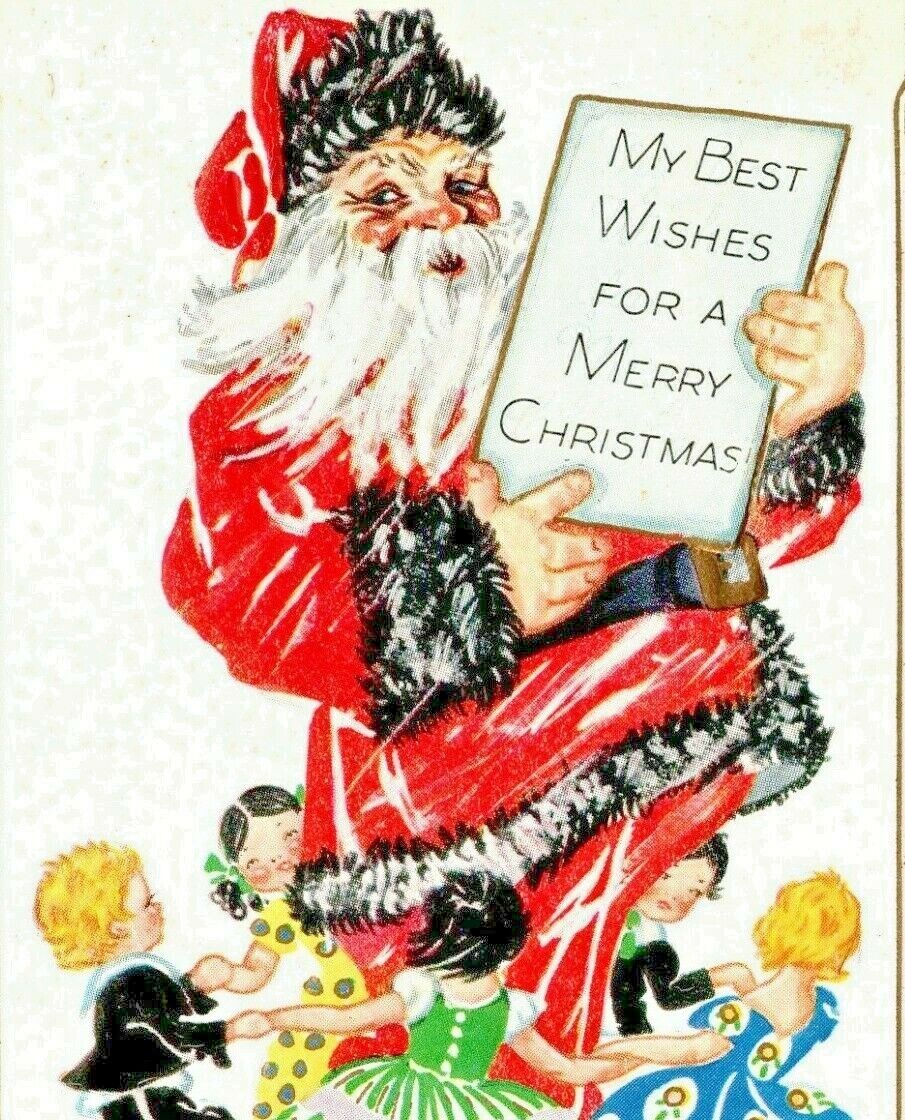 C.1920s Christmas Card. Santa Claus. Adorable Children. Cute Girl. Dancing. VTG