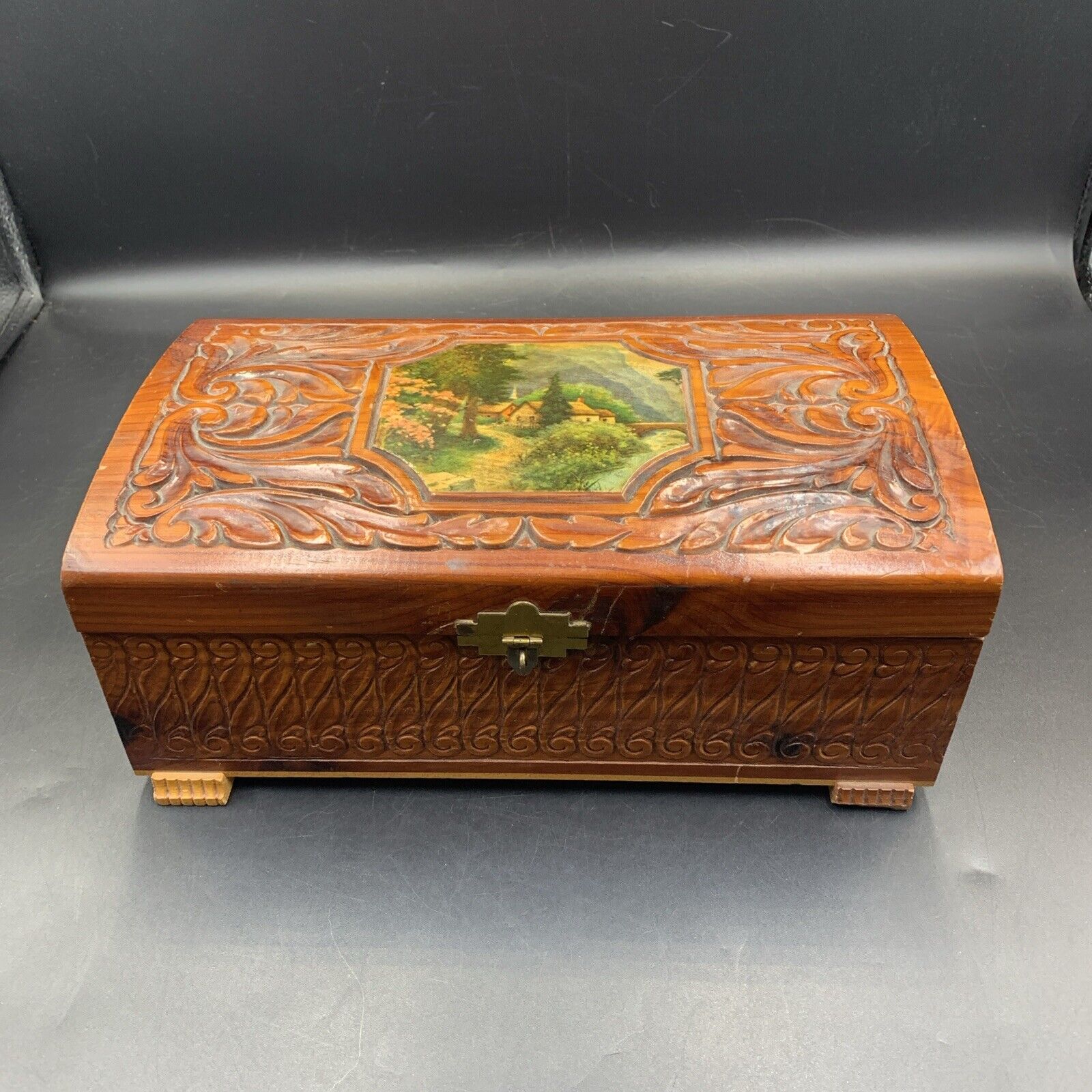 Vintage Carved Cedar Treasure Chest Wooden Jewelry Box Mountain Cottage