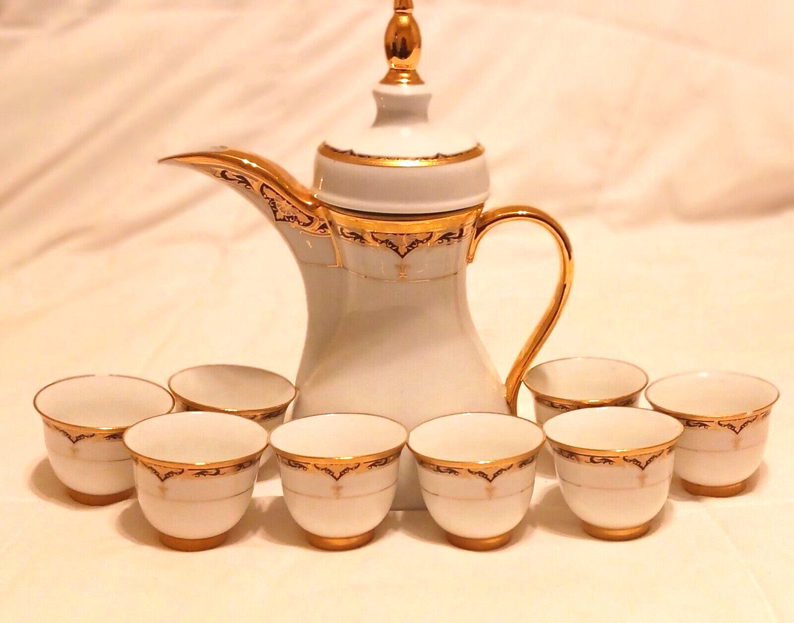 9 pc Chocolate Pot Set Yamasen Gold Collection Fine Porcelain 24 CT Gold Plated 