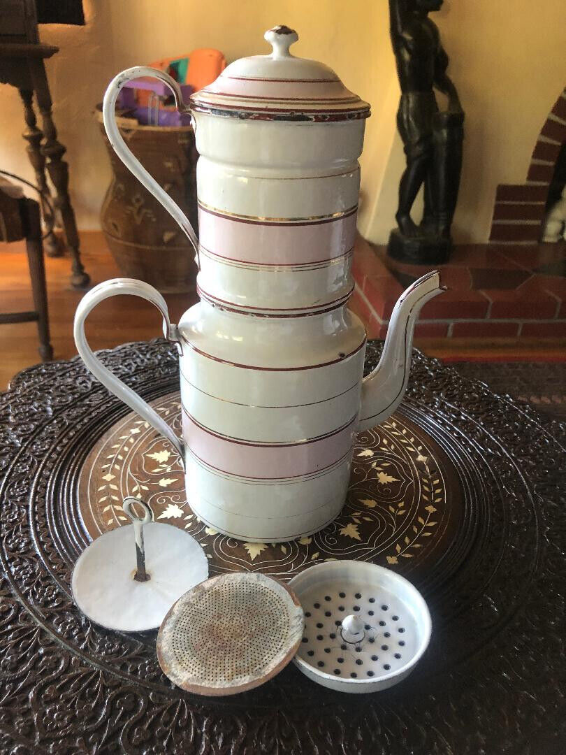 Antique French Enamelware Biggin Coffee Pot White w Pink Gold Red Pinstripes +