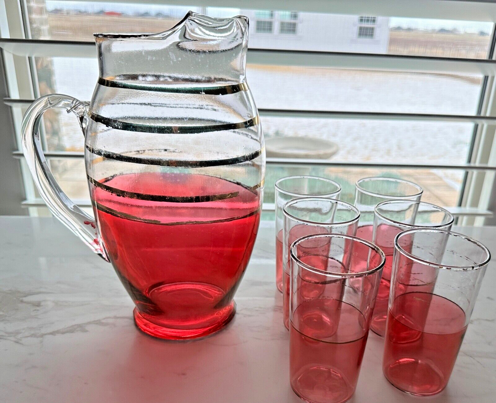 Cranberry Pink & Gold Trim MCM Cocktail Pitcher & 6 Drinking Glasses Barware VTG
