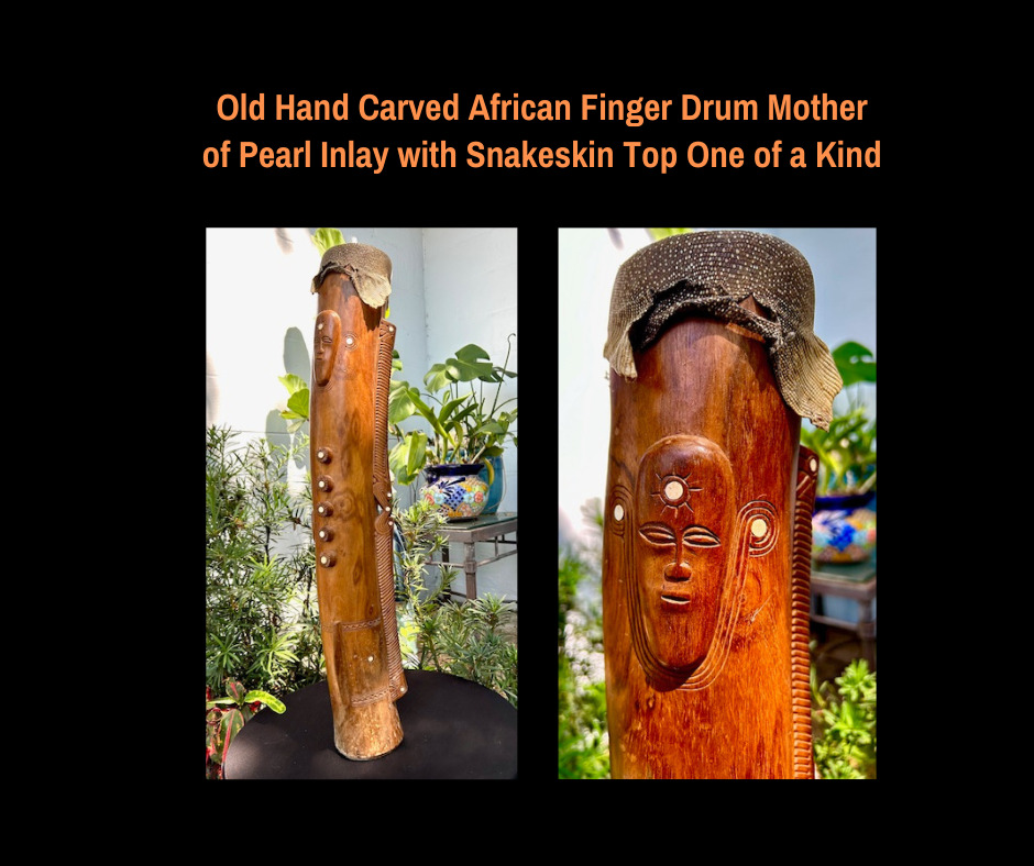 Old Hand Carved African Finger Drum Mother of Pearl Inlay Snakeskin Top Rare