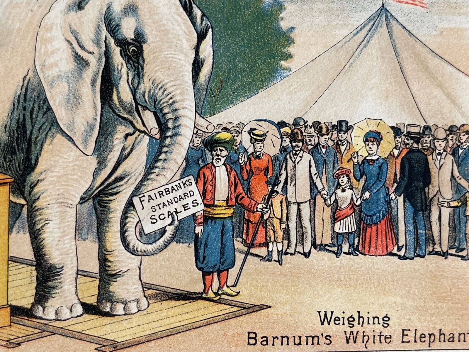 Antique Advertising Trade Card Fairbanks Scale Weighing PT Barnum’s Elephant