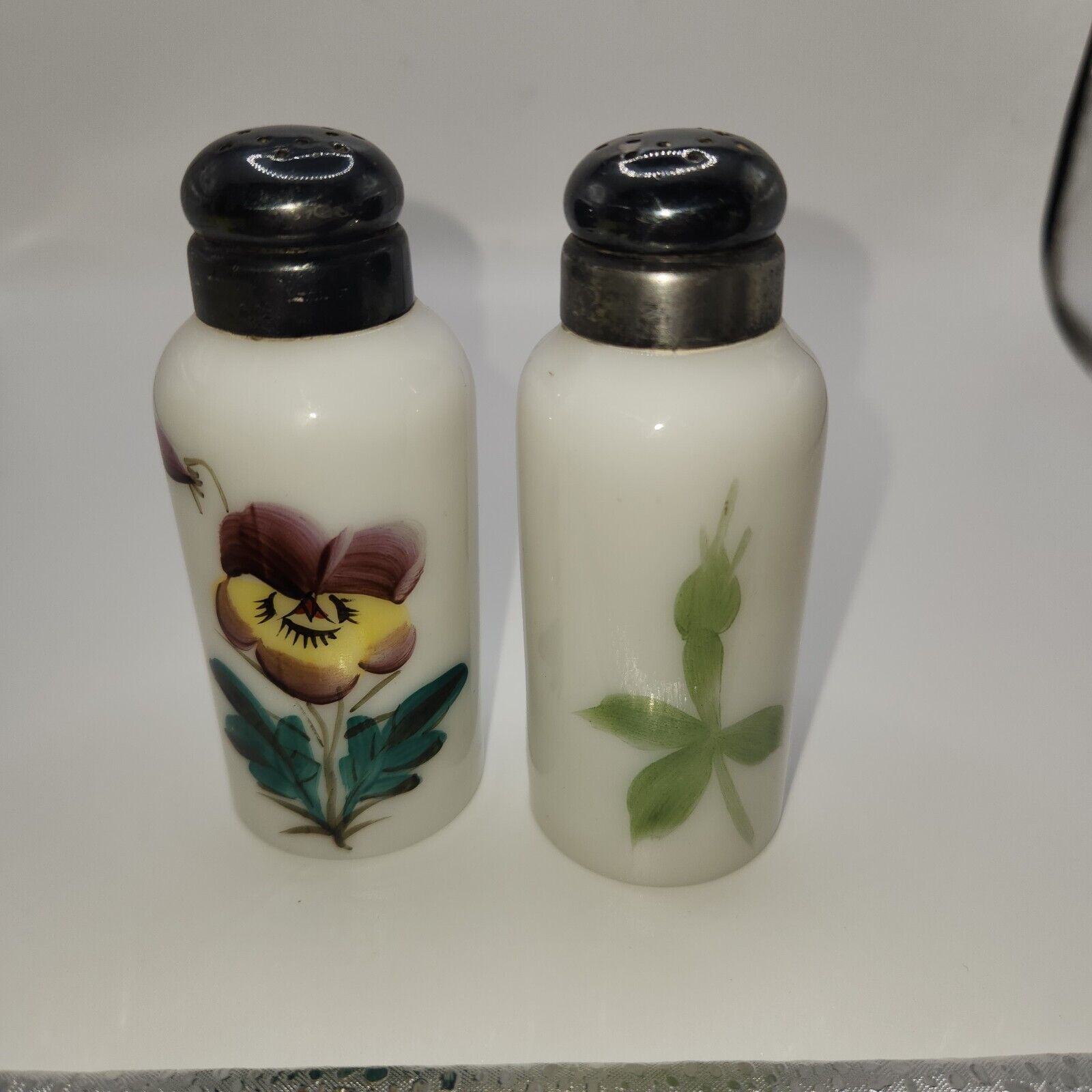 Antique Hand Painted Milk Glass Salt & Pepper Shakers Vintage Victorian Floral
