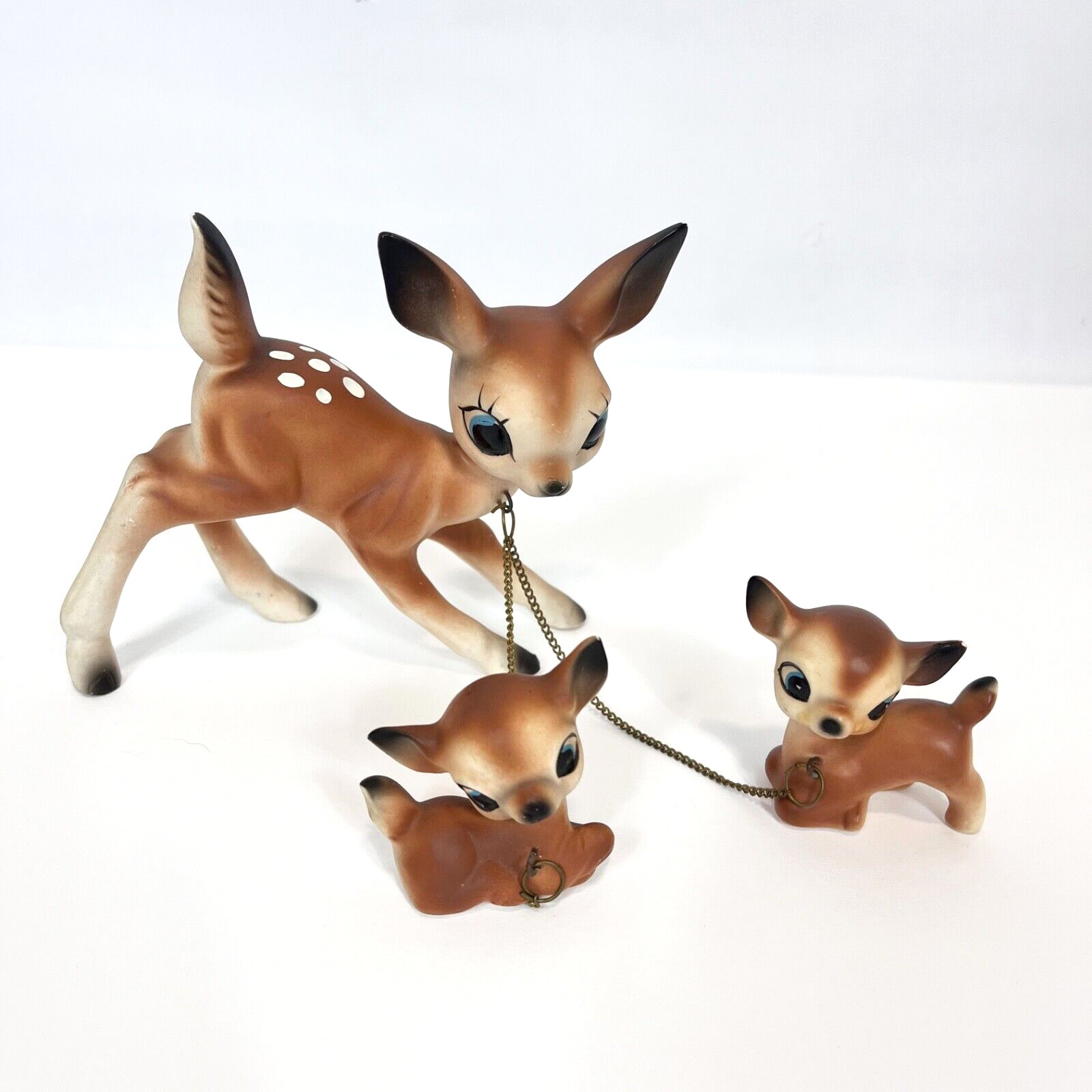 VTG Norcrest Ceramic Mother Doe Deer & Baby Fawns Figurines Chained Japan