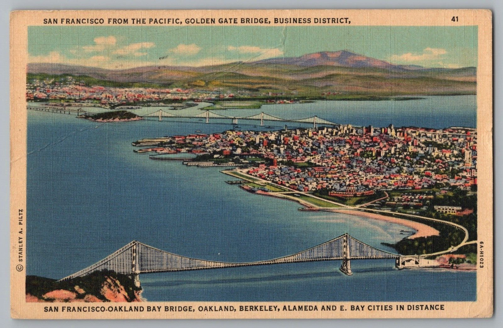 Postcard Golden Gate Bridge, Oakland Bay Bridge, San Francisco California Aerial