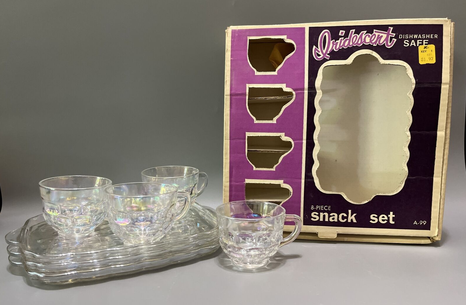 Vintage Federal Glass Iridescent Glass Snack Set Thumbprint 7 pieces  *Read*