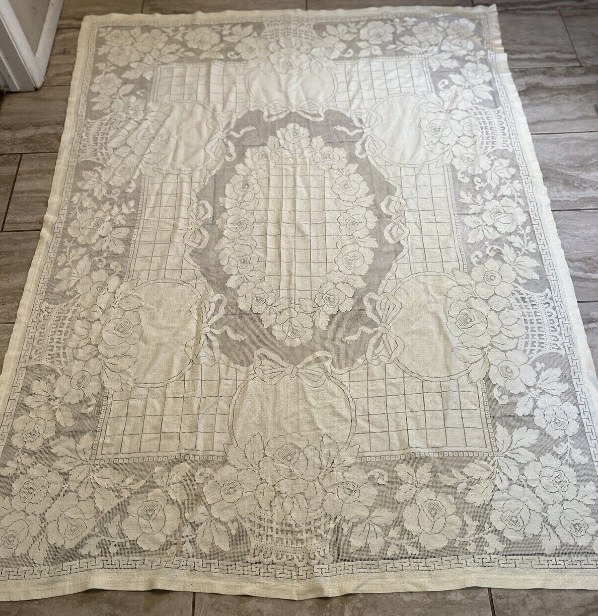 Vintage Off White Floral Bow Lace Tablecloth 76x56 inches. See Description.