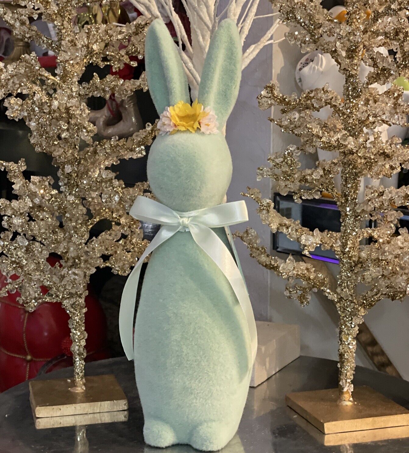 Aqua Blue Flocked Easter Bunny Rabbit 12”-Martha Stewart