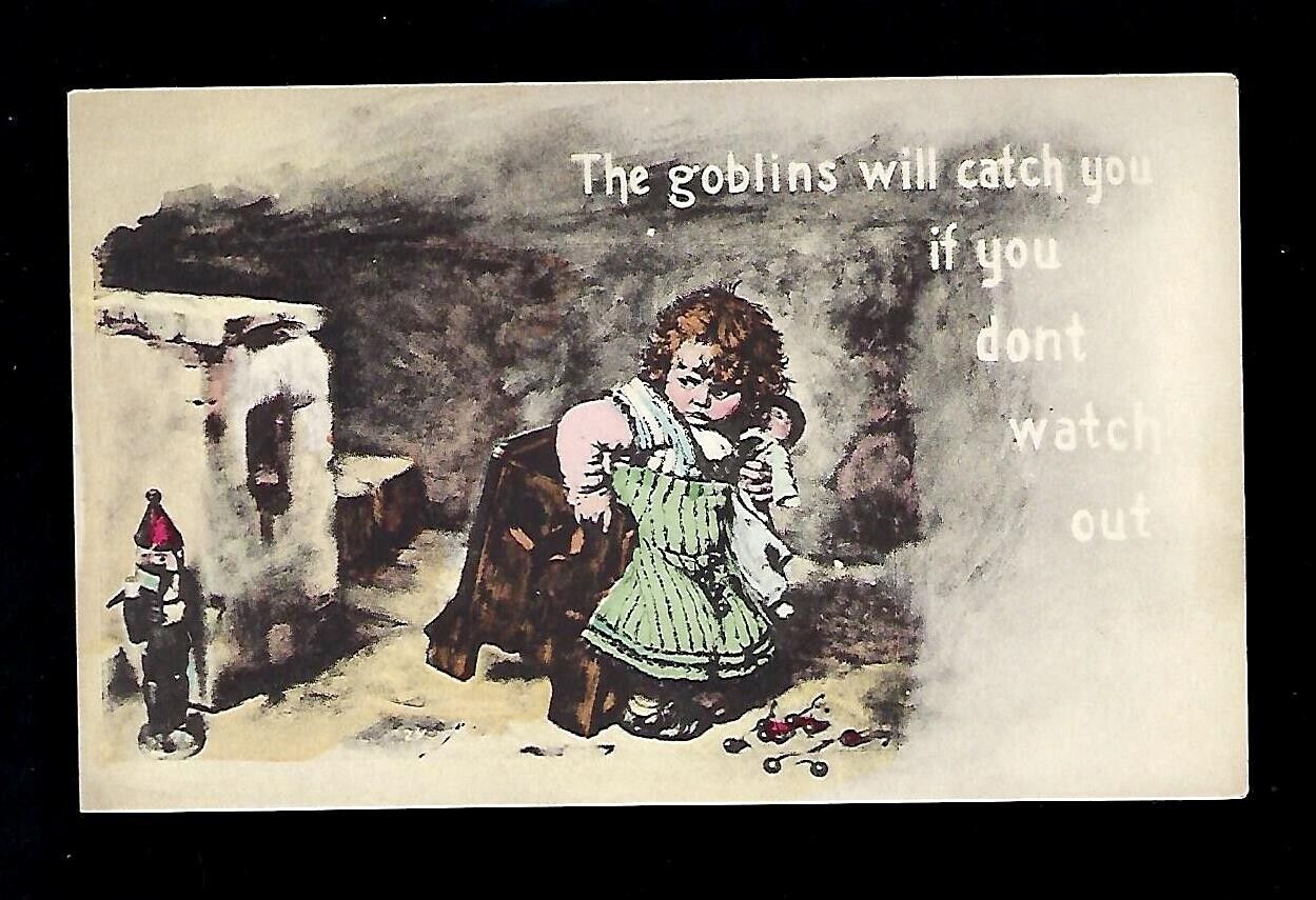c1908 Halloween Postcard Young Girl Scared of The Goblins