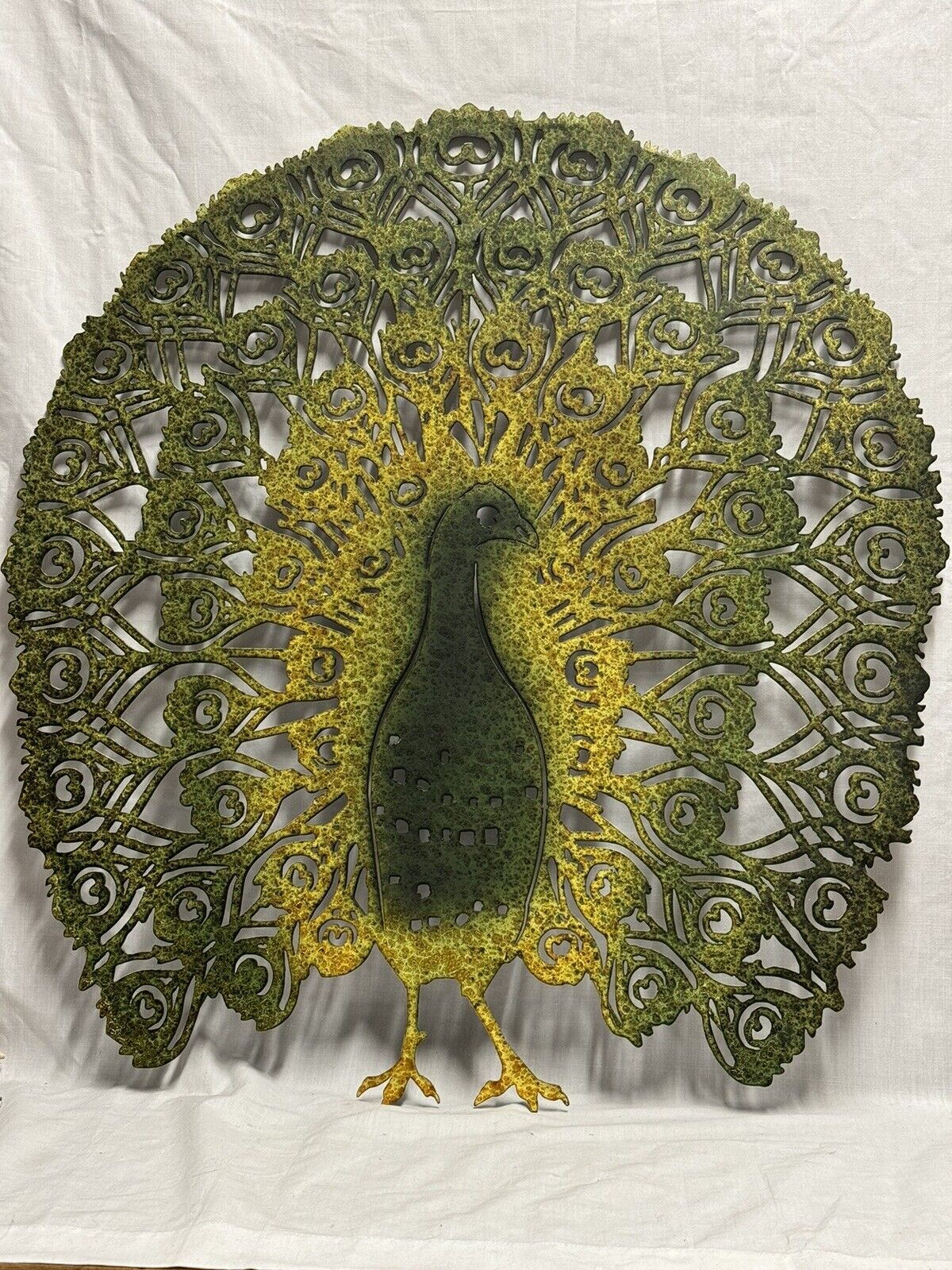 Vintage Cast Iron Green Yellow Metal Wall Hanging Peacock 25” x .5”