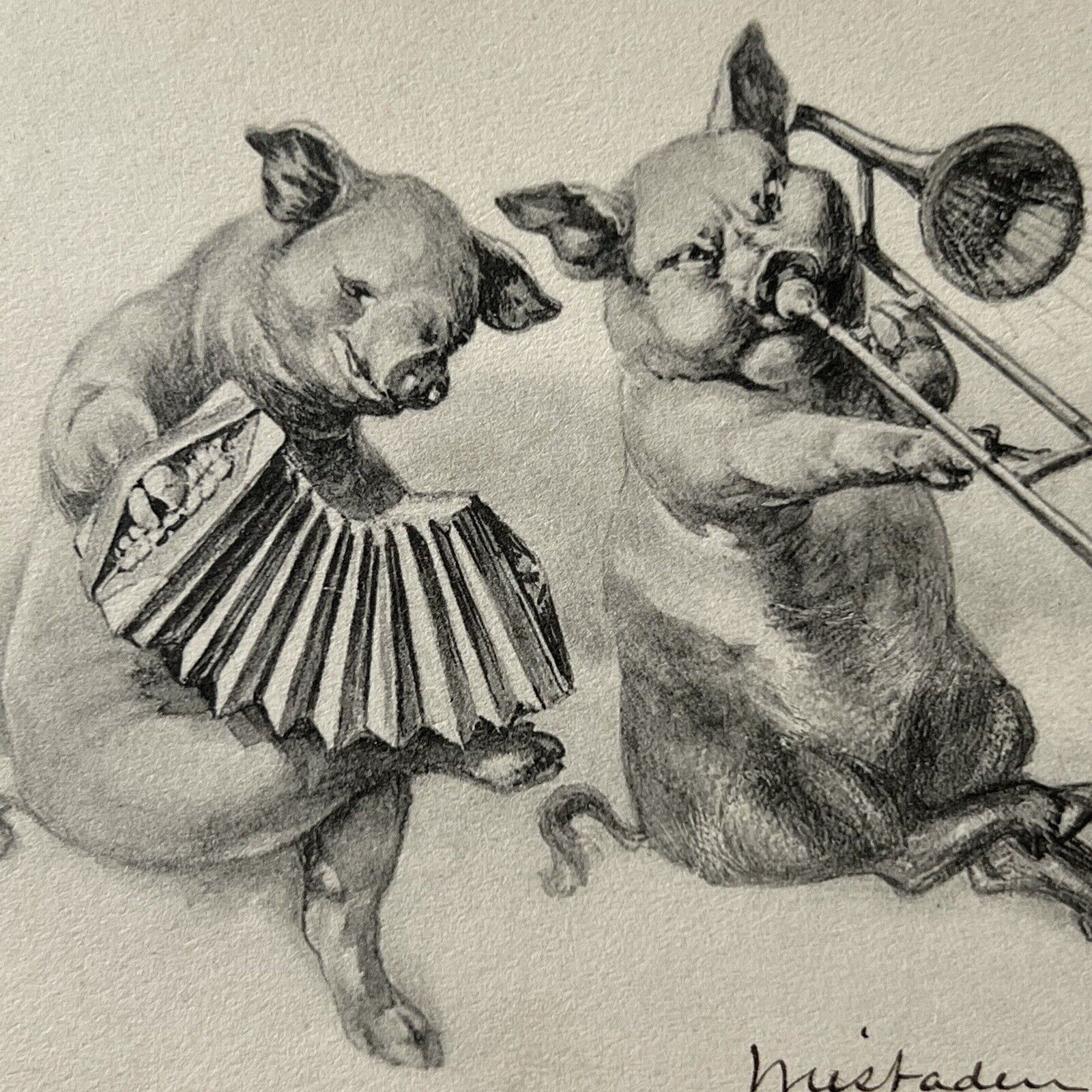 Antique Postcard Adorable Sweet Musical Pigs Accordion Trombone Funny Cute