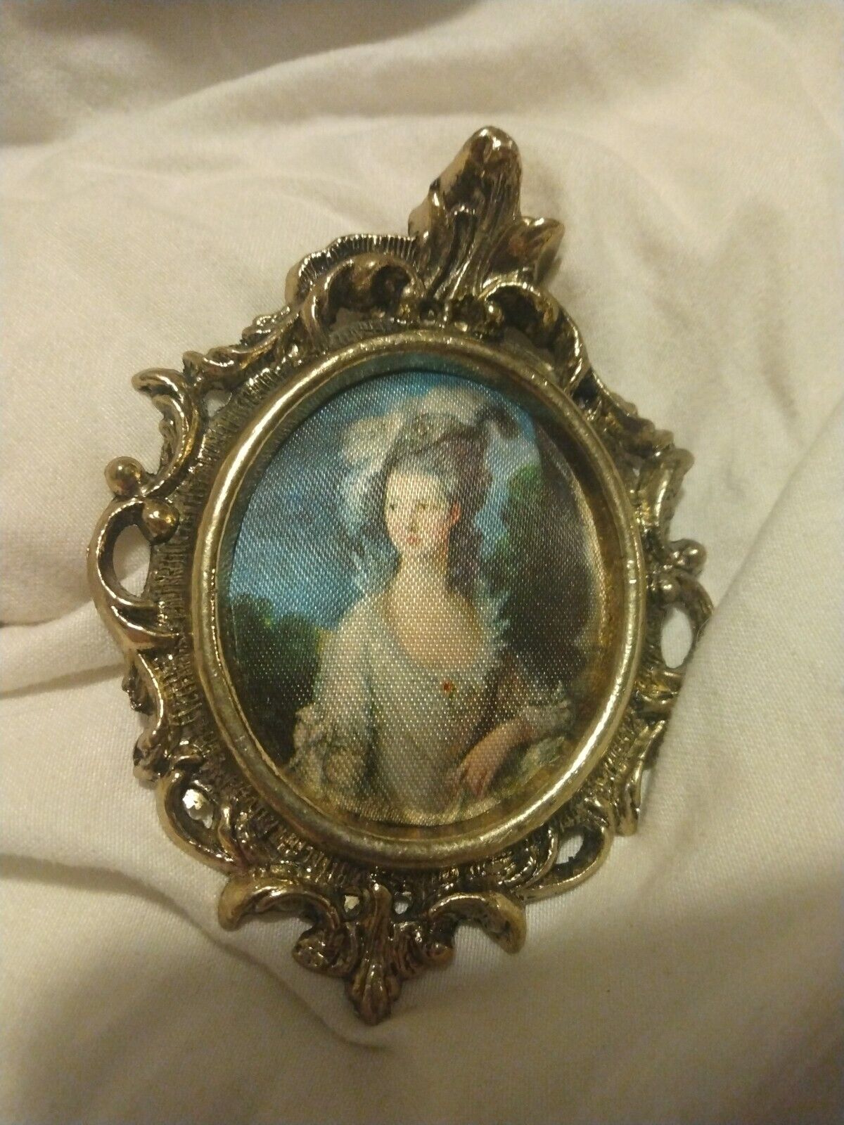 Miniature Silk, Victorian , Queen Marie Antoinette Portrait With Gold Brass...