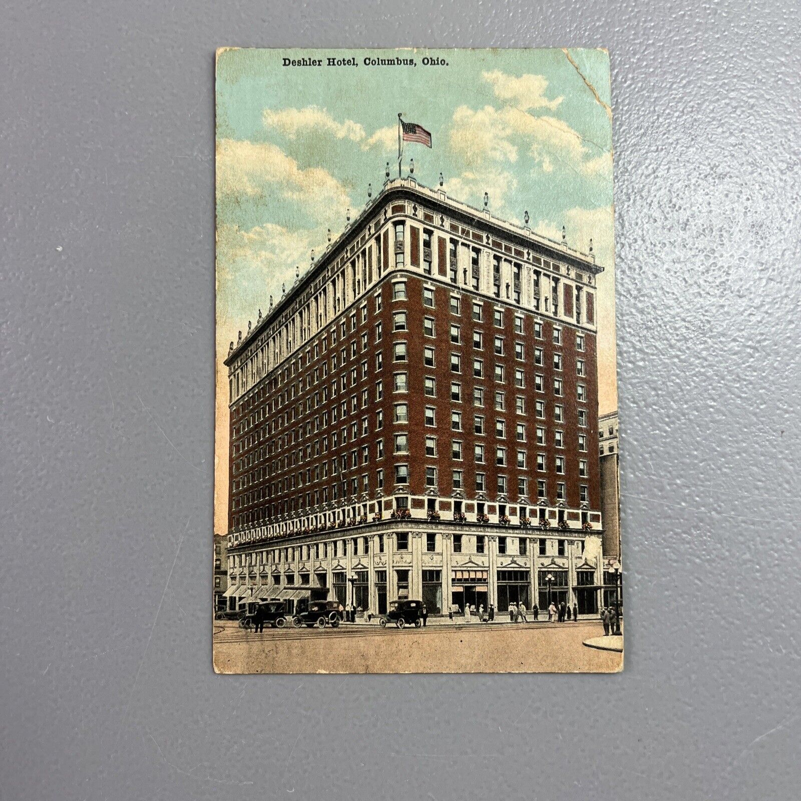 Postcard Vintage Deshler Hotel Columbus, OH  Corner View American Flag on Roof