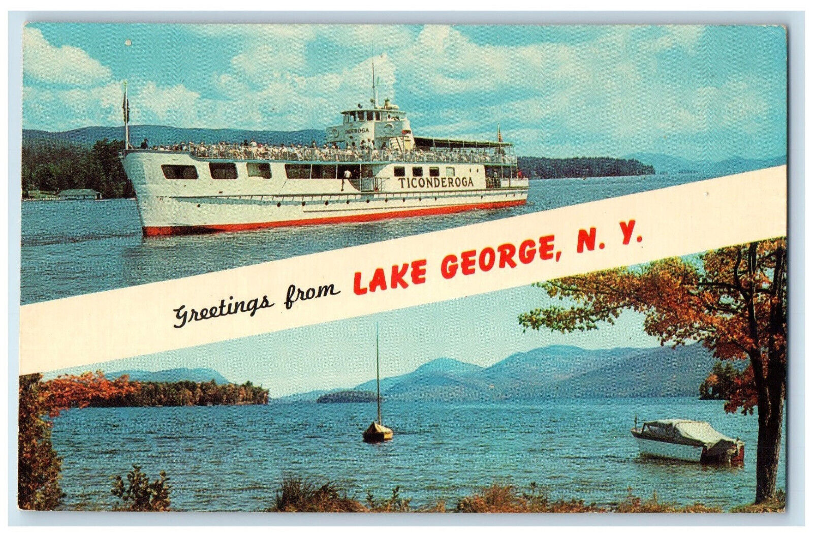 c1960's Ticonderoga Steamboat Greetings from Lake George NY Multiview Postcard