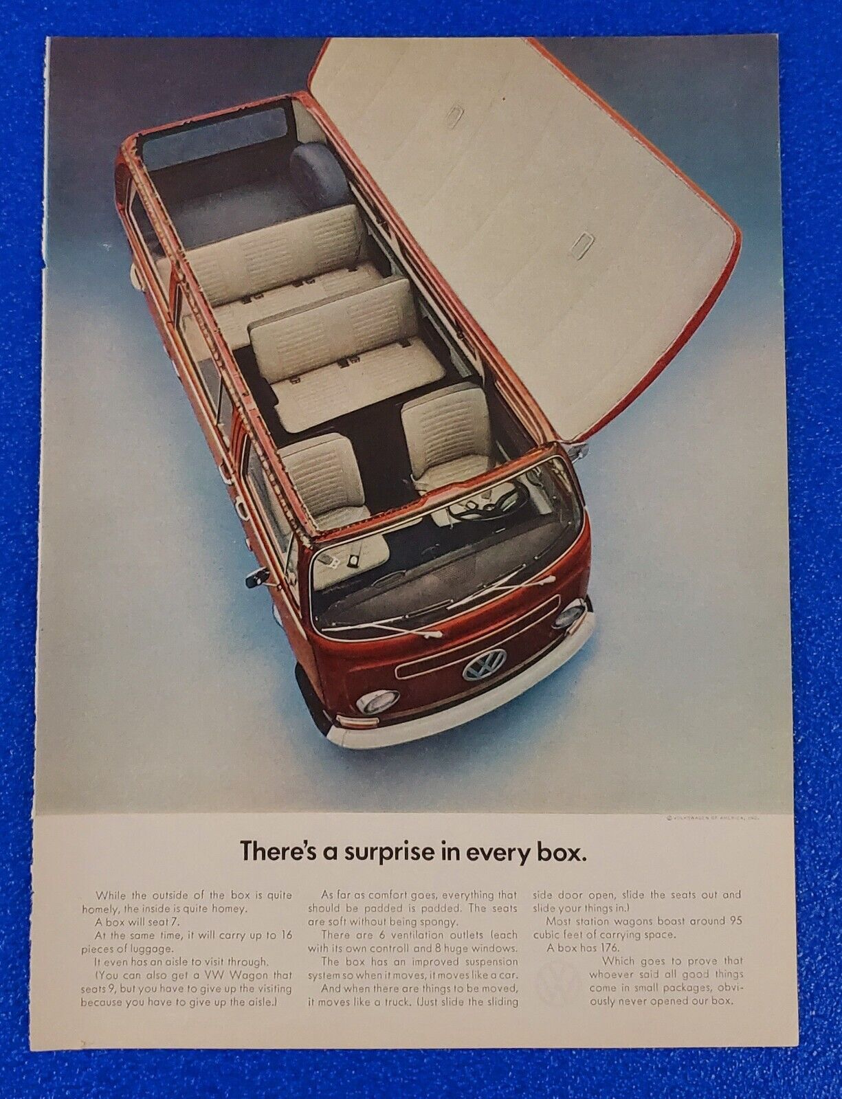 1968 VOLKSWAGEN BUS/STATION WAGON ORIGINAL COLOR PRINT AD SURPRISE IN EVERY BOX